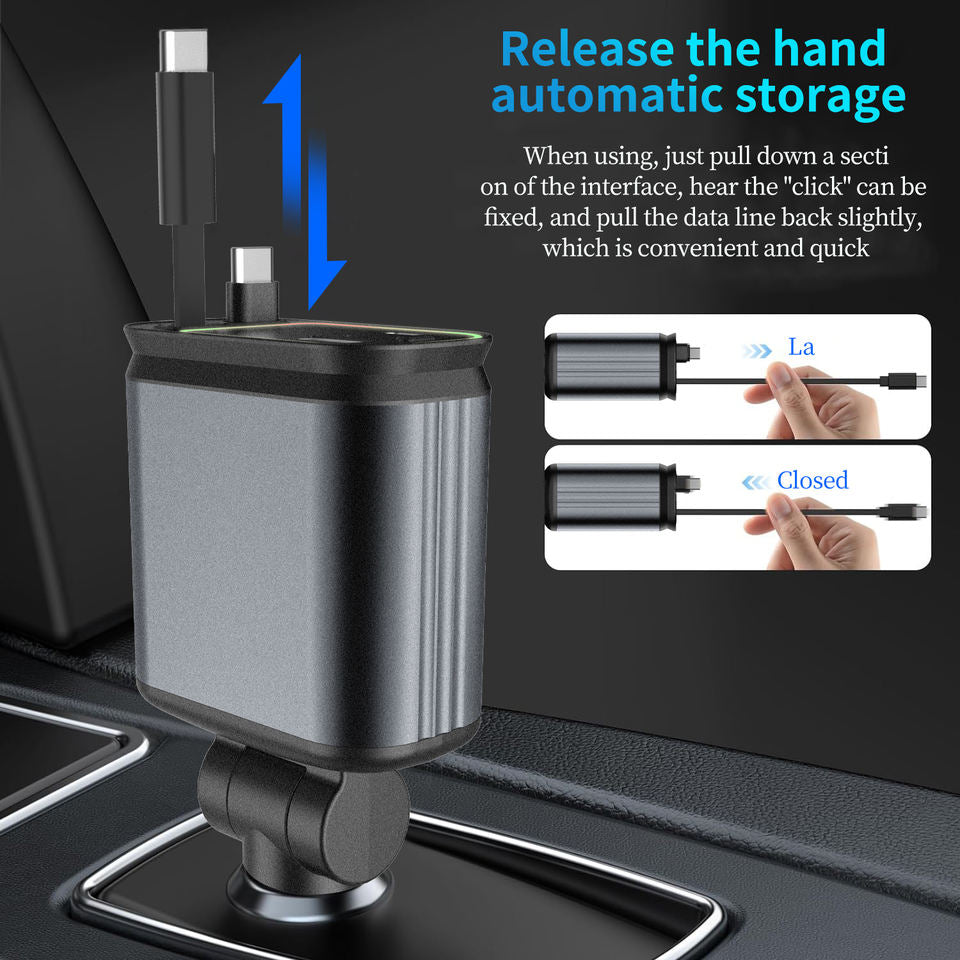 4 in 1 Retractable Car Charger 120W Fast Charging Car Station