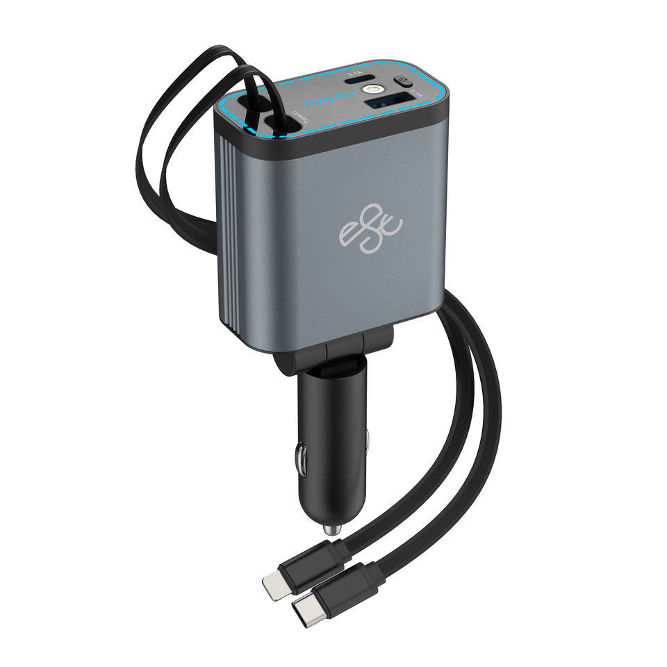 4 in 1 Retractable Car Charger 120W Fast Charging Car Station
