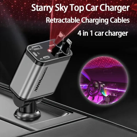 4 in 1 Retractable Car Charger 120W Fast Charging Car Station